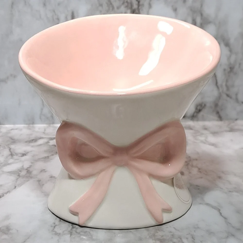 Mellow & Mod Pink /White Bow Cat Drinking Water Tall Bowl Hand Painted